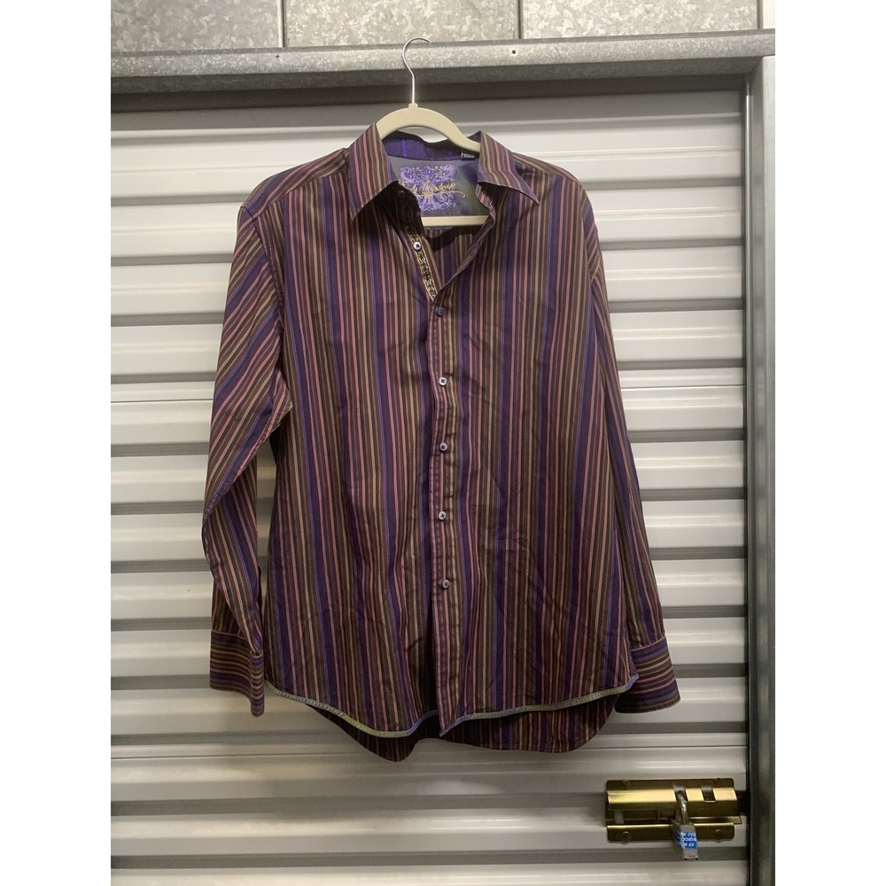 Robert Graham Shirt Men Large Long Sleeve Collar Button Up Cotton Purple Stripe